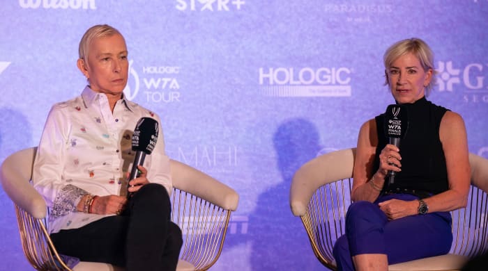 Martina Navratilova, left, and Chris Evert talk at a panel